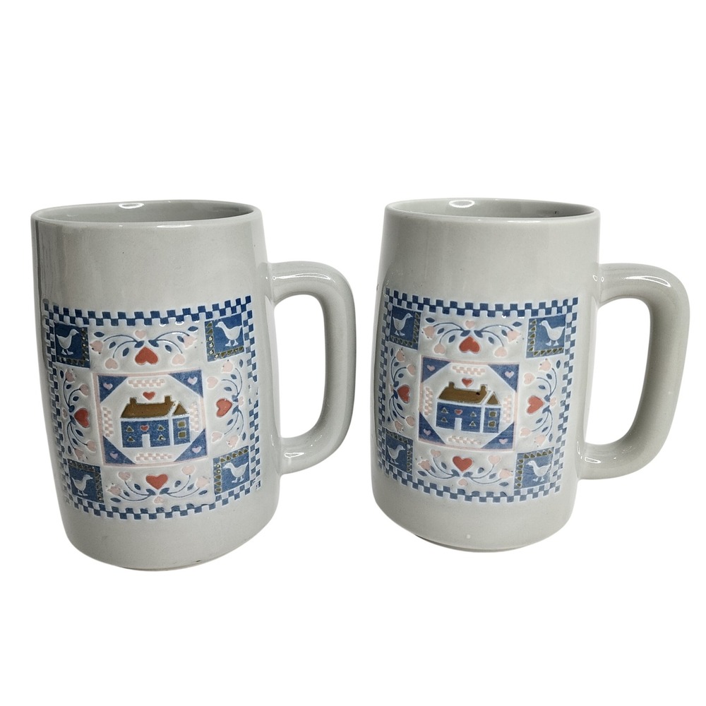 Otagiri Mugs Unisex OS Gray Country Folk Art House Heart Bird Vintage Set‎ of 2